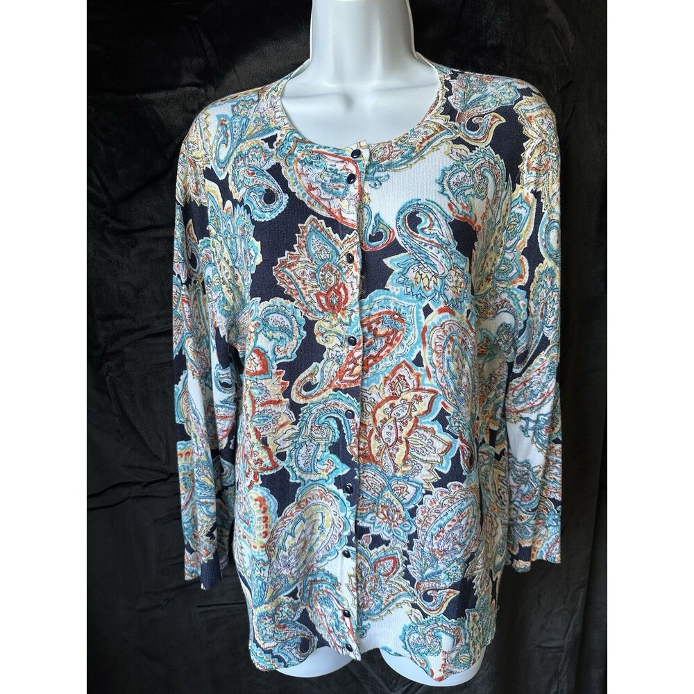 Gage And Cable,  Long Sleeve Knit Blue Paisley Print Button Up Sweater Sz Lg